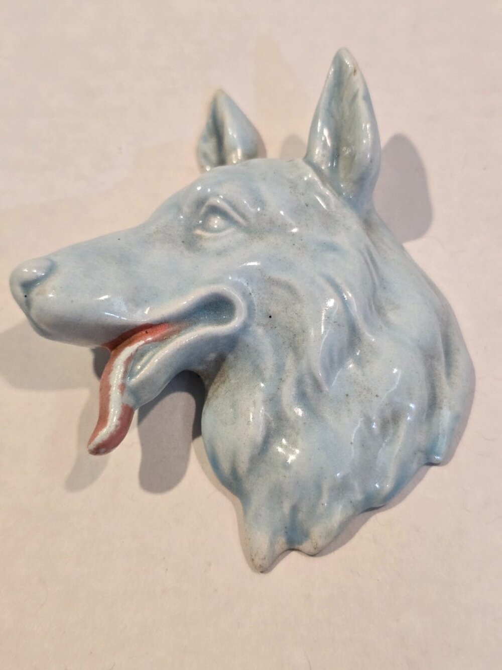 Vintage Mini German Shephard Profile Wall Plaque Blue Ceramic Japan 3" 1950s